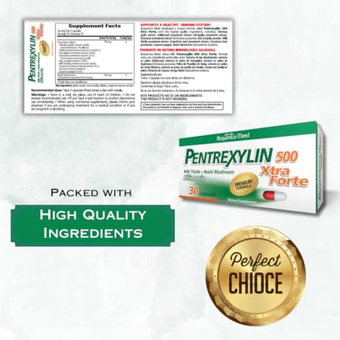 Pentrexylin - 500 Xtra Forte – Cardo de Leite Orgânico Reishi Mushroom – Suplemento Alimentar de Qualidade Premium – Suporta a Função Imunológica Saudável – 30 Cápsulas