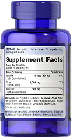 Puritan's Pride - Puritan’s Pride – Cálcio Magnésio com Vitamina D – Fortaleça seus ossos – 1000mg cálcio – 500mg magnésio – 400 UI vitamina D – Embalagem 120 cápsulas