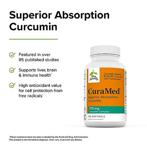 CuraMed 375 mg Complexo de Curcumina – 120 Softgels – Absorção Superior BCM-95 – Não-OGM, Sem Glúten, Halal – 120 Porções - Terry Naturally
