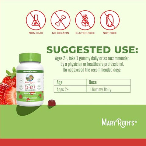 Gomas Veganas de Vitamina D3 e Vitamina B12 | Suprimento de 2 Meses | Suporte à Saúde Óssea | Suplemento de Suporte Imunológico | Suplementos Energéticos | Metil B12 Vegano Não-OGM - MaryRuth Organics
