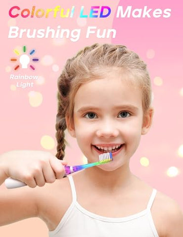 Escova de Dentes Elétrica SEAGO Kids com Temporizador de Escovação de 2 Minutos e 8 Cabeças de Escova Substituíveis, Luz LED Arco-Íris para Tornar a Escovação Divertida, Escova de Dentes Rosa a Pilha para Meninas de 4-12 Anos
