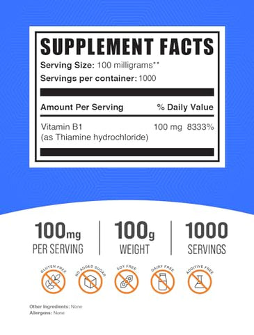 com Pó de Cloridrato de Tiamina – Vitamina B1, Suplemento de Tiamina B1, 100mg – Livre de Glúten, 100g (Pack de 1) - BulkSupplements