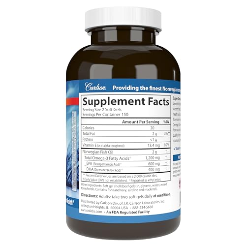 Ômega-3 Super Gems, 1200 mg Ácidos Graxos Ômega-3 com EPA e DHA, Óleo de Peixe Norueguês Selvagem, Cápsulas Sustentáveis 300 Softgels - Carlson