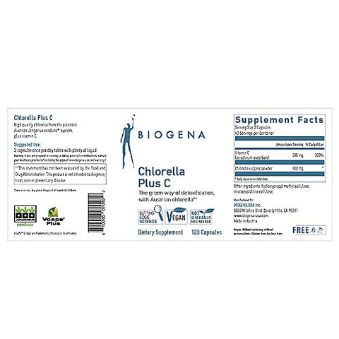 BIOGENA WISSEN SCHAFFT GESUNDHEIT - Chlorella Plus C – Alga Verde Apoio à Desintoxicação – Cápsulas com 900 mg de Pó de Chlorella Vulgaris Orgânica – Suplemento Não-OGM
