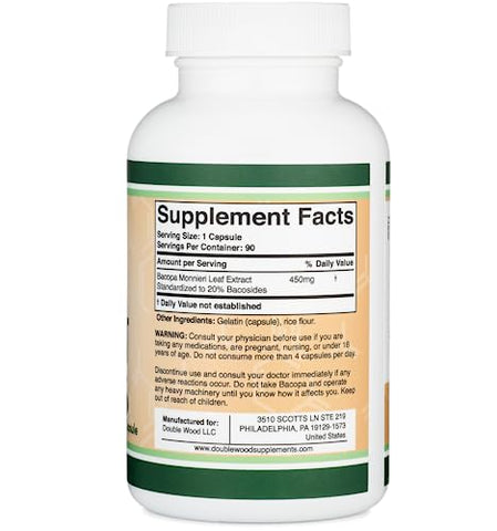 Double Wood Supplements - Bacopa Monnieri Cápsulas 20%% Bacosídeos 450mg, 90 Unidades (Sem OGM, Sem Glúten) Extrato de Brahmi (Suplemento para Memória, Concentração e Função Cognitiva) por Double Wood