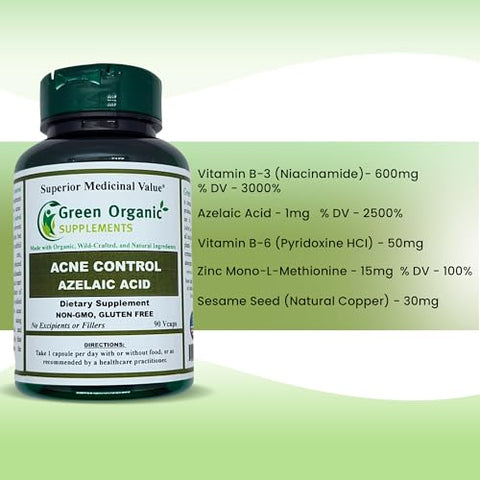 Green Organic Supplements - Acne, Ácido Azelaico, 90 Cápsulas, Alta Absorção, Sem Transgênicos, Sem Glúten, (Pacote com 3)