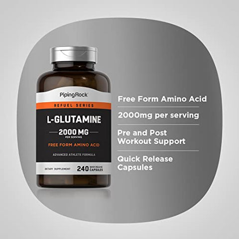 Cápsulas de L-Glutamina | 2000 mg | 240 Unidades | Suplemento de Aminoácidos Livre de OGM e Glúten | Forma Livre | Não Repetir Palavras - Piping Rock