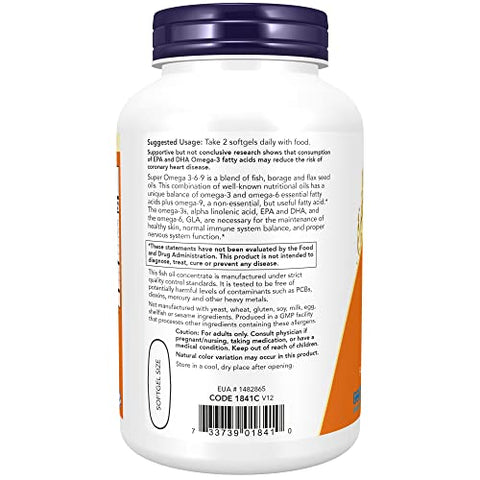Suplementos, Super Ômega 3-6-9 1200 mg com uma mistura de Óleos de Peixe, Borragem e Linhaça, 180 Softgels - NOW Foods