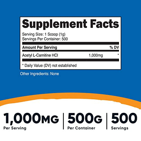Acetyl L-Carnitine (ALCAR) 500g – Pó Puro de Acetil L-Carnitina 1000mg por Porção - Nutricost