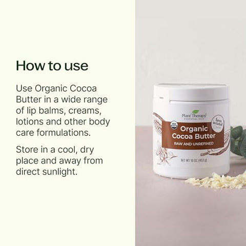 Cocoa Butter Organic Plant Therapy Raw, Certificado USDA, 16 oz Frasco Para Corpo e Rosto