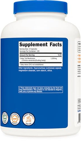 Cápsulas de Cogumelo Turkey Tail 1200mg, 120 Porções (240 Cápsulas) – Livre de Glúten, Não-OGM e Amigável para Vegetarianos - Nutricost