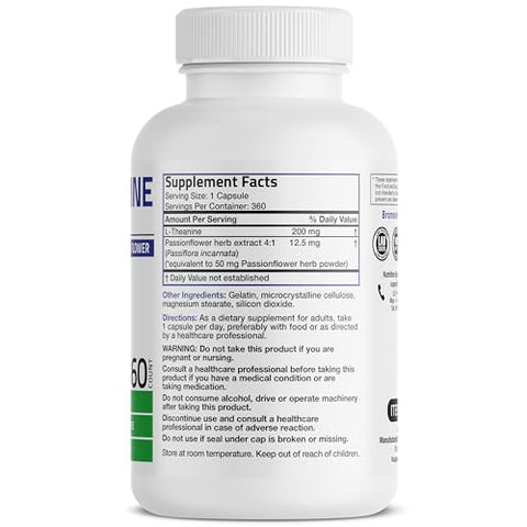 L-Theanine 200mg (Dupla Potência) com Erva de Passiflora, Suplemento para Gerenciamento de Estresse Sem Glúten e Soja, 360 Cápsulas - Bronson