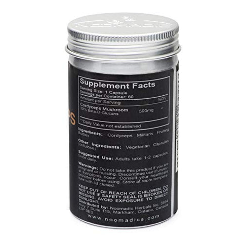 Noomadic - Cordyceps Mushroom 60 Cápsulas 500mg Ativador AMPK Extrato em Água Quente Cultivado em Madeira Corpos Frutíferos 30%% Beta-D-Glucanos Yartsa Gunbu Fungo de Lagarta