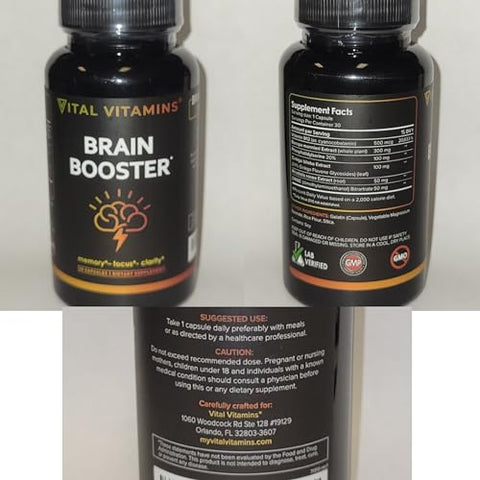 Suplemento Cérebro para Memória e Foco (3 Pacotes) – Suporte Nootrópico Cerebral – Memória, Clareza, Foco, Energia – Vitamina B12, Gingko Biloba, DMAE - Vital Vitamins