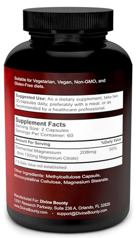 Divine Bounty - Cápsulas de Citrato de Magnésio Puro – Suplemento de Magnésio 1300mg com Magnésio Elemental – 120 Cápsulas Vegetarianas