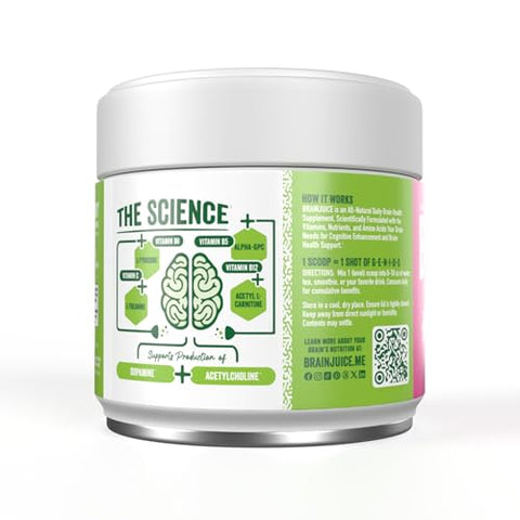 Suplemento de Suporte Cerebral com Nootrópicos, Pó sem Glúten para Energia e Foco, Mistura para Bebida com L Teanina, Alpha GPC, Vitamina B, Extrato de Chá Verde Orgânico com Cafeína, 100g - BrainJuice