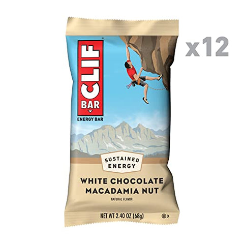Clif Bar - Barras Energéticas CLIF – Sabor Macadâmia com Chocolate Branco – Feitas com Aveia Orgânica – Alimento à Base de Plantas – Vegetariano – Kosher (Barras de Proteína de 2,4 Ounces, 12 Unidades) Embalagem Pode Variar