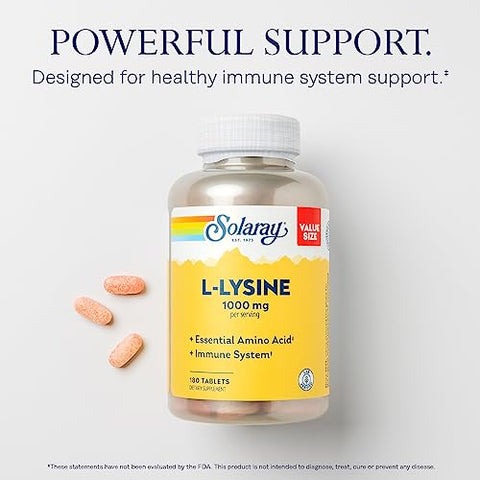 L-Lysine 1000 mg, Aminoácido Essencial para Suporte Imunológico com Vitamina C 1000 mg e Zinco 25 mg, Tamanho Econômico, Verificado em Laboratório, Garantia de 60 Dias - SOLARAY