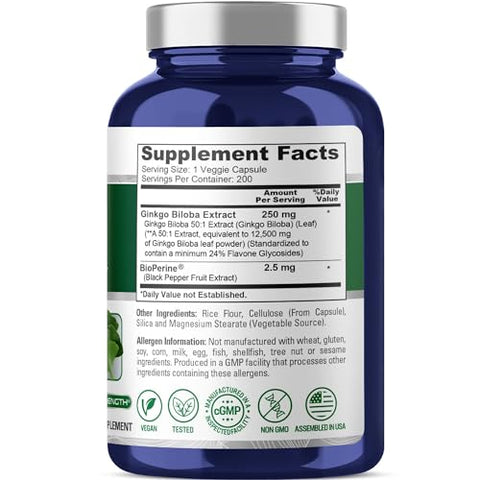 Extrato de Ginkgo Biloba 12.500mg por Cápsula Vegetal 200 Cápsulas (Vegetariano, Não-OGM, Vegano, Extrato 50:1) Bioperina - NusaPure