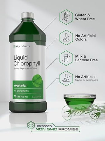 Gotas Líquidas de Clorofila 100mg | 946 ml (2 x 473 ml Frascos) | Sabor Natural de Hortelã-Pimenta | Fórmula Vegetariana, Não-OGM e Livre de Glúten - Horbäach