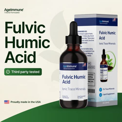 AgeImmune - Fulvic Humic Acid Ionic Trace Minerals with Electrolytes – Suplemento Líquido de Minerais Traços Iônicos Derivados de Plantas. Gotas Minerais com 75 Traços para Energia e Hidratação. Até 8 Meses