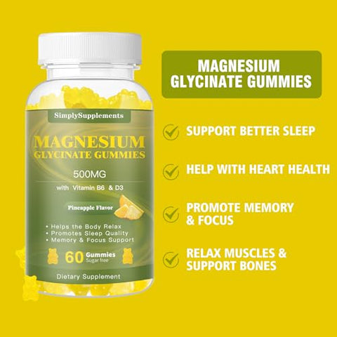 SimplySupplements - Magnesium Glycinate Gummies 500mg – Suplemento de Magnésio Mastigável com Vitamina D3, B6, CoQ10 para Relaxamento e Sono Profundo