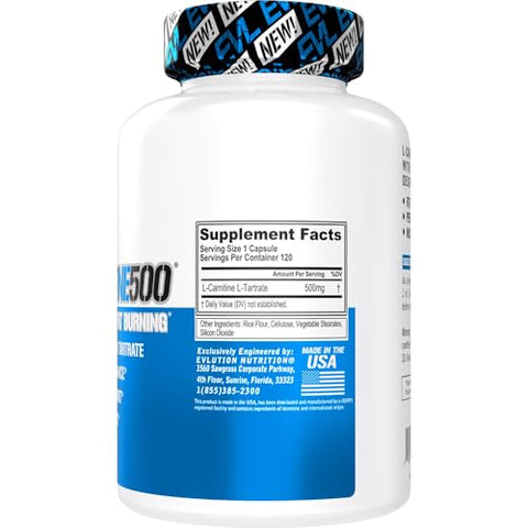 Evlution - Suplemento EVL L-Carnitina para Suporte à Perda de Peso – L carnitina 500mg Cápsulas para Dieta, Crescimento Muscular Magro e Suporte à Queima de Gordura com L Carnitina Livre de Estimulantes L