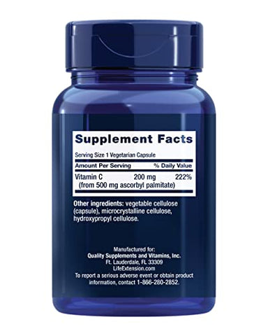 Ascorbyl Palmitate 500mg – Vitamina C Lipossolúvel para Suporte Imunológico e Longevidade – Livre de Glúten, Não-OGM, Vegetariano – 100 Cápsulas - Life Extension