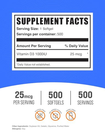 com Softgels de Vitamina D3 1000UI – Cholecalciferol, Suplemento de Vitamina D, 1000UI de Vitamina D – 1 Softgel de Vitamina D3 (25mcg de Vitamina D) por Porção, 500 Unidades (Pacote de 1) - BulkSupplements