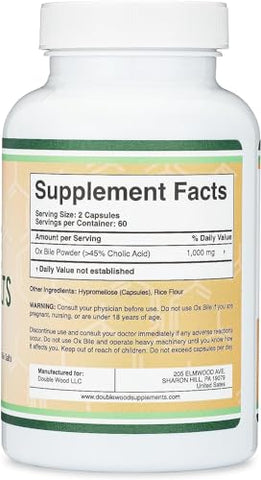Double Wood Supplements - Suplemento de Bile de Boi para Ausência de Vesícula Biliar (1.000mg por Porção, 500mg por Cápsula, 120 Cápsulas) Padronizado para 45% de Ácido Cólico e Sais Biliares para Combater Deficiências de Sais Biliares