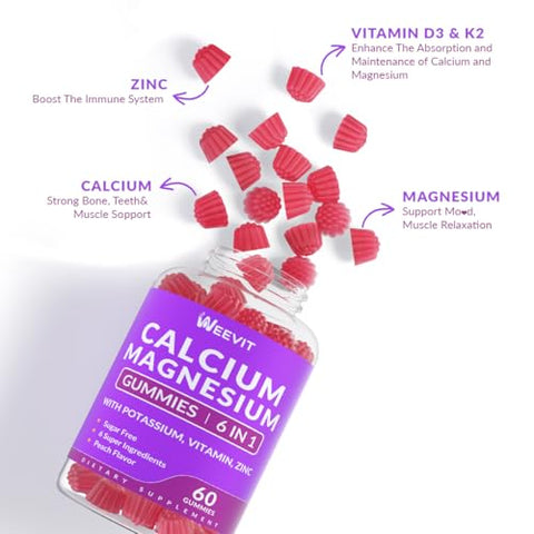 WEEVIT - Gomas de Cálcio Sem Açúcar 600mg, Gomas de Cálcio Magnésio Zinco com Vitamina D3, Potássio, Goma de Cálcio de Alta Absorção para Osso e Dentes