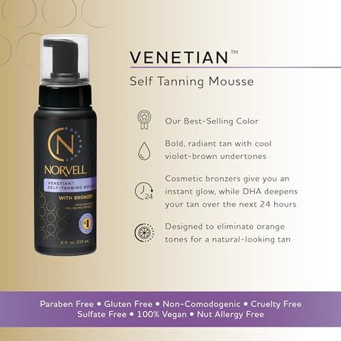 Venetian Mousse Autobronzeador com Bronzer, 240 ml – Bronzeado Instantâneo e Natural – Anti-Laranja – Efeito Bronzeado Radiante - Norvell