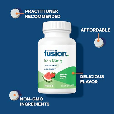 Suplemento de Ferro para Mulheres Quick Melt | Comprimidos Mastigáveis Dissolvíveis Livres de Açúcar | Ferro Ferroso Fumarato 18 mg com Vitamina C | Melão e Frutas Vermelhas | Sem Glúten, Lactose - Bariatric Fusion