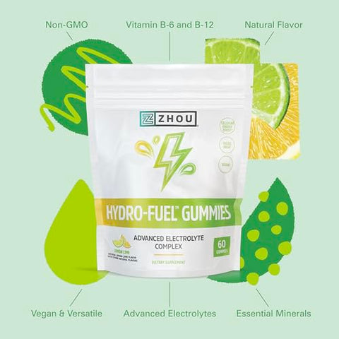 ZHOU - Zhou Nutrition Hydro-Fuel Gummies – Complexo Avançado de Eletrólitos – Suplementos para Hidratação e Energia Celular – Vegano, 20 Porções, 60 Gummies