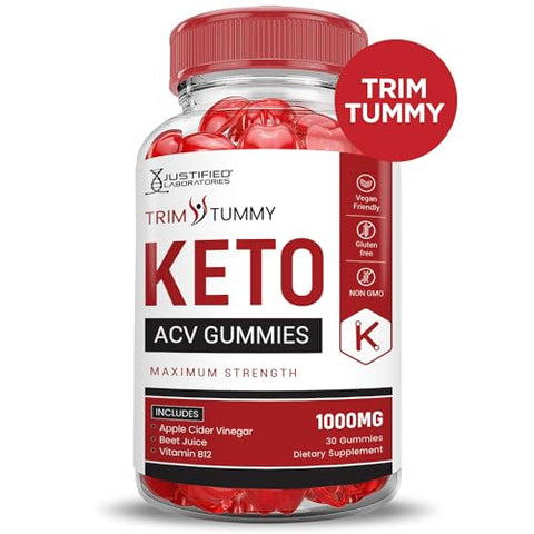 Justified Laboratories - Trim Tummy Keto Gummies ACV 1000MG Fórmula Avançada Maçã Vinagre de Cidra com Romã Beterraba B12 Vegano Não GMO 60 Gomas