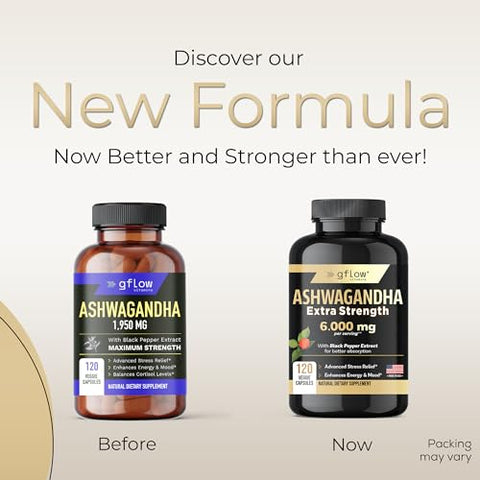 gflow vitamins - Ashwagandha em Cápsulas em Pó Extra Forte 6000mg com Pimenta Preta | Suporte ao Humor, Foco, Energia | Vegano, Não-OGM, Fabricado nos EUA