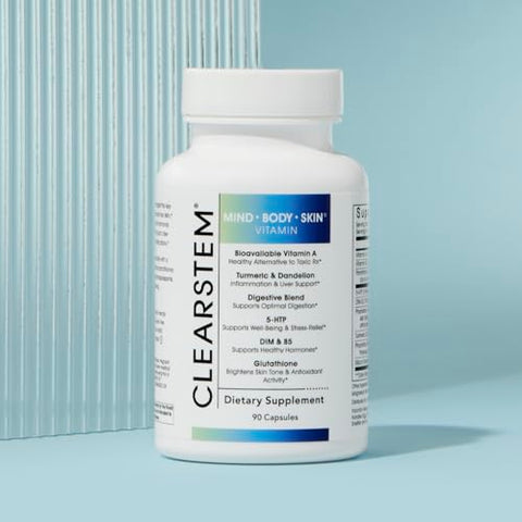 CLEARstem - CLEARSTEM – MINDBODYSKIN Suplemento para Acne Hormonal (5-HTP) – DIM Natural – Vitaminas para Cuidados com a Pele – Equilíbrio Hormonal, Antioxidantes – Vegano, Sem Glúten, Cruelty Free – 30g