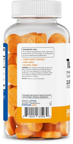 Gomas de Cúrcuma (240 Gomas) – Sabor Cítrico, Feitas com 95% de Curcuminoides, 120 Porções, com Extrato de Gengibre e Pimenta Preta, Vegetarianas, Não-OGM e Livres de Glúten - Nutricost