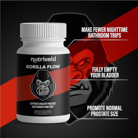 Nutrisold - Gorilla Flow – Suporte para a saúde masculina | Reduzir micções noturnas | Promover sono | Apoio ao esvaziamento da bexiga | Complexo herbal para próstata | Bexiga