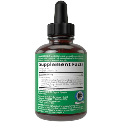 Peak Performance - Detox Pulmonar Orgânico USDA para Fumantes e Não Fumantes com 6 Ingredientes Principais. Folha de Verbascum, Raiz de Altea, Calêndula. Limpeza dos Pulmões para uma Melhor Saúde Respiratória. Gotas Líquidas