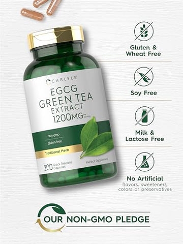 Extrato de Chá Verde EGCG | 1200mg | 200 Cápsulas | Livre de Transgênicos e Glúten - Carlyle