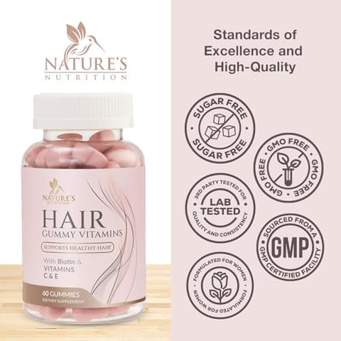 Nature's Nutrition - Vitaminas para Cabelo Livres de Açúcar em Gomas com Biotina 5000 mcg, Vitamina A, B12, C, D, E, Ácido Fólico, Suporta o Crescimento Capilar em Goma, Amigável para Vegetarianos, Suporta Cabelos Fortes e Bonitos