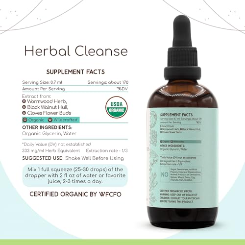 HerbEra - Tintura Herbal Cleanse B120 Orgânica Certificada USDA Sem Álcool | Fórmula de Desintoxicação e Limpeza | Suplemento de Extrato | Erva de Absinto Orgânica, Casca de Nogueira Preta, Botões de Cravo | Elimine