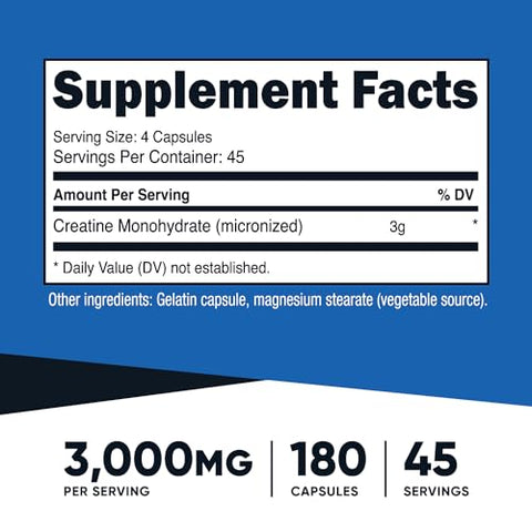 Creatine Monohidratada 3.000mg, 180 Cápsulas (750mg por Cápsula) – Sem Glúten, Não-OGM - Nutricost