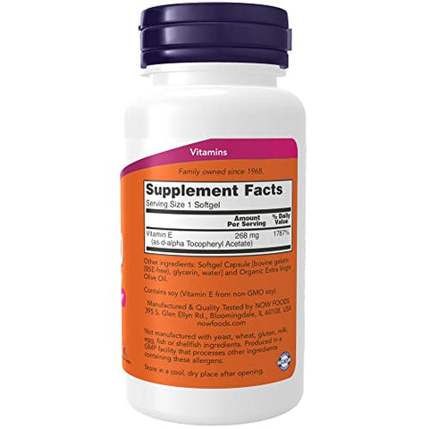 NOW Foods - NOW Supplements Vitamina E-400 IU, D-Alpha Tocopheryl, Proteção Antioxidante, Softgels, 100 Unidades (Pacote de 1)