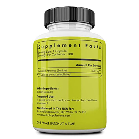 Suplemento de Pâncreas de Gado Alimentado com Capim da Ancestral Supplements, 500mg, Suporte Pancreático com Enzimas Digestivas Proteolíticas para Auxílio na Digestão, Incluindo Tripsina, Não Transgênico, 180 cápsulas