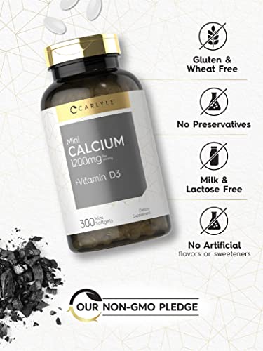 Cálcio 1200 mg com Vitamina D3 | 300 Mini Softgels | Suplemento Sem GMO e Sem Glúten - Carlyle