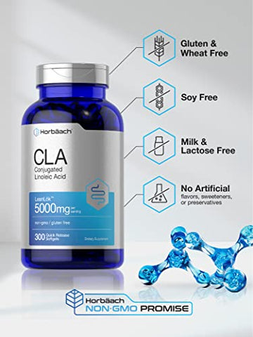 Suplemento Horbäach CLA | 300 Cápsulas Softgel | Potência Máxima | Ácido Linoleico Conjugado de Óleo de Cártamo | Livre de OGM, Sem Glúten