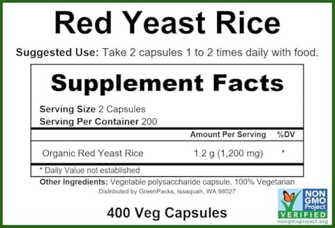 Red Yeast Rice Orgânico, 1200 mg por porção (600 mg por cápsula) – 400 cápsulas | GreenPacks® Red Yeast Rice Orgânico 1200 mg (600 mg/cápsula) – 400 cápsulas - GreenPacks