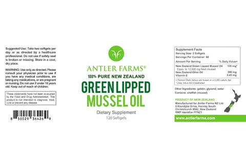 Óleo de Mexilhão de Lábios Verdes da Nova Zelândia 100% Puro, Equivalente a 12.500mg, 120 Cápsulas – Poderoso Extrato 125:1, Suprimento de 2 Meses - Antler Farms